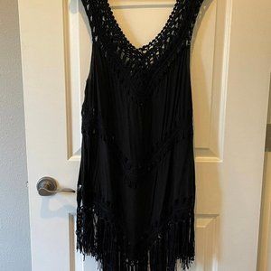 Boho Black Crochet Fringe Tunic Top Sleeveless Macrame Festival top 3X